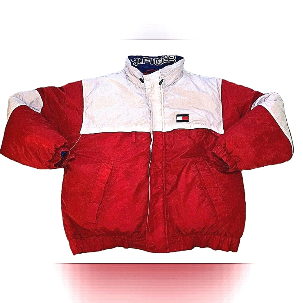 Vintag 90s Classic Tommy Hilfiger Red,White, Color Block Puff Jacket Mens Size L